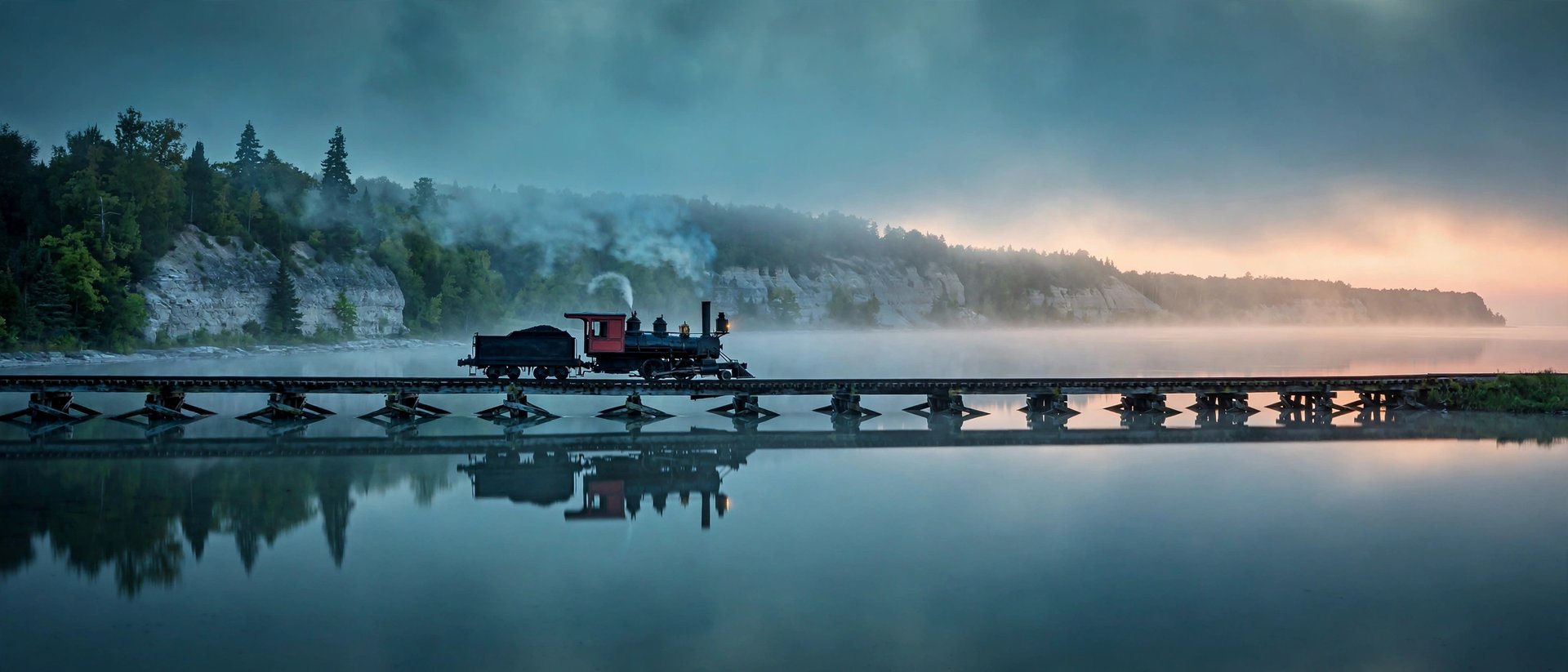 Steam locomotive crossing a trestle over Lake Michigan at dawn, Door County, Wisconsin
